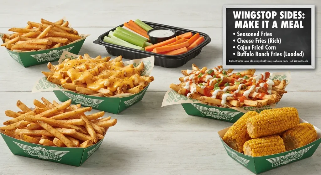 Wingstop Menu Sides - Seasoned Fries, Cheese Fries, Cajun Fried Corn, and Loaded Voodoo Fries Nutrition Comparison