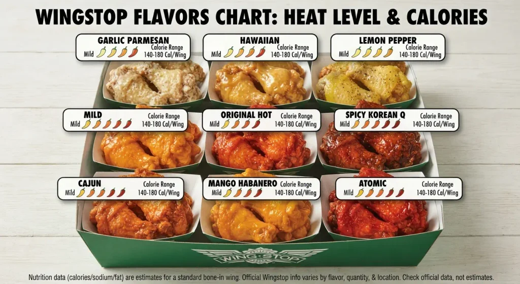 Wingstop flavors chart with heat level and calorie guide