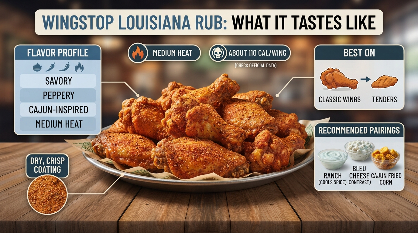 An infographic summarizing the Wingstop Louisiana Rub flavor, showing bone-in wings, flavor profile, heat level, texture, and recommended pairings like ranch.