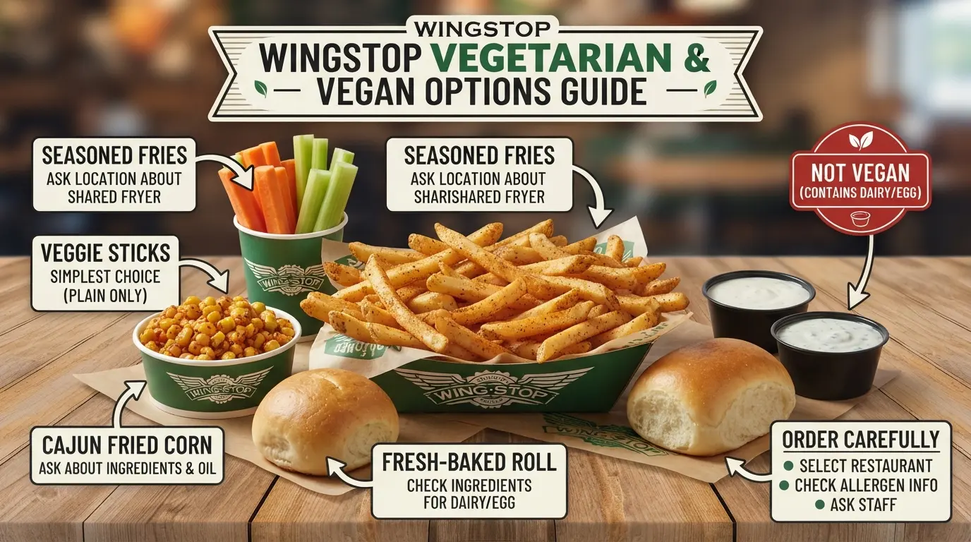 An infographic guide to Wingstop vegetarian and vegan options, featuring fries, veggie sticks, corn, and a roll with clear dietary labels and cautions.