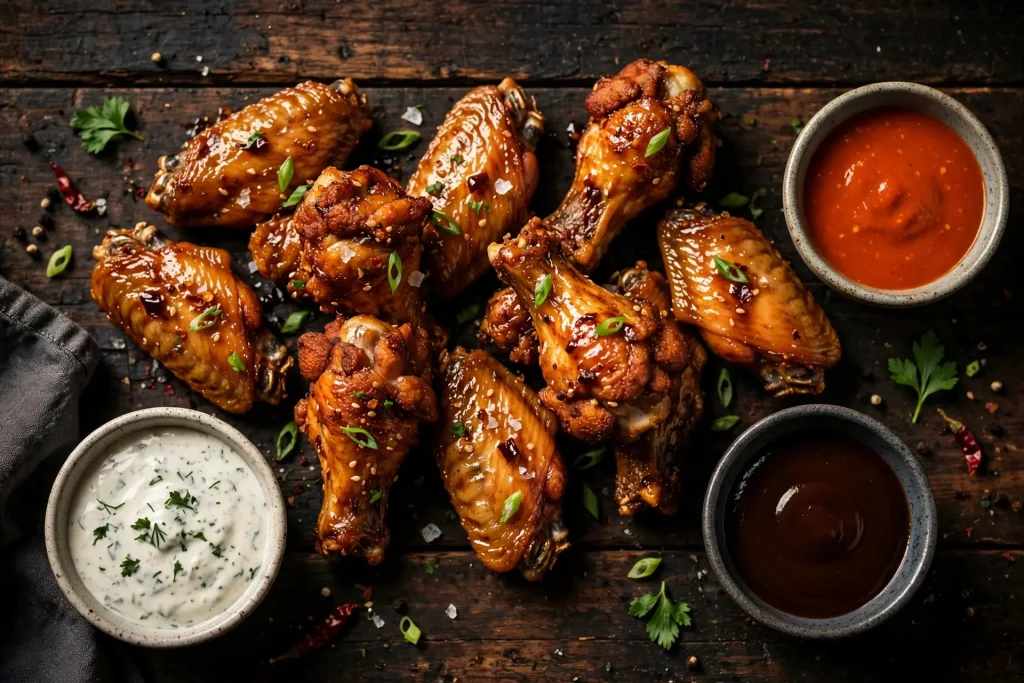 Glazed chicken wings with ranch, buffalo and BBQ dipping sauces